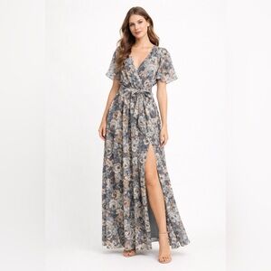 One the Land Floral Maxi Dress Blue Taupe V-Neck | Tie Waist | NWT Boho
